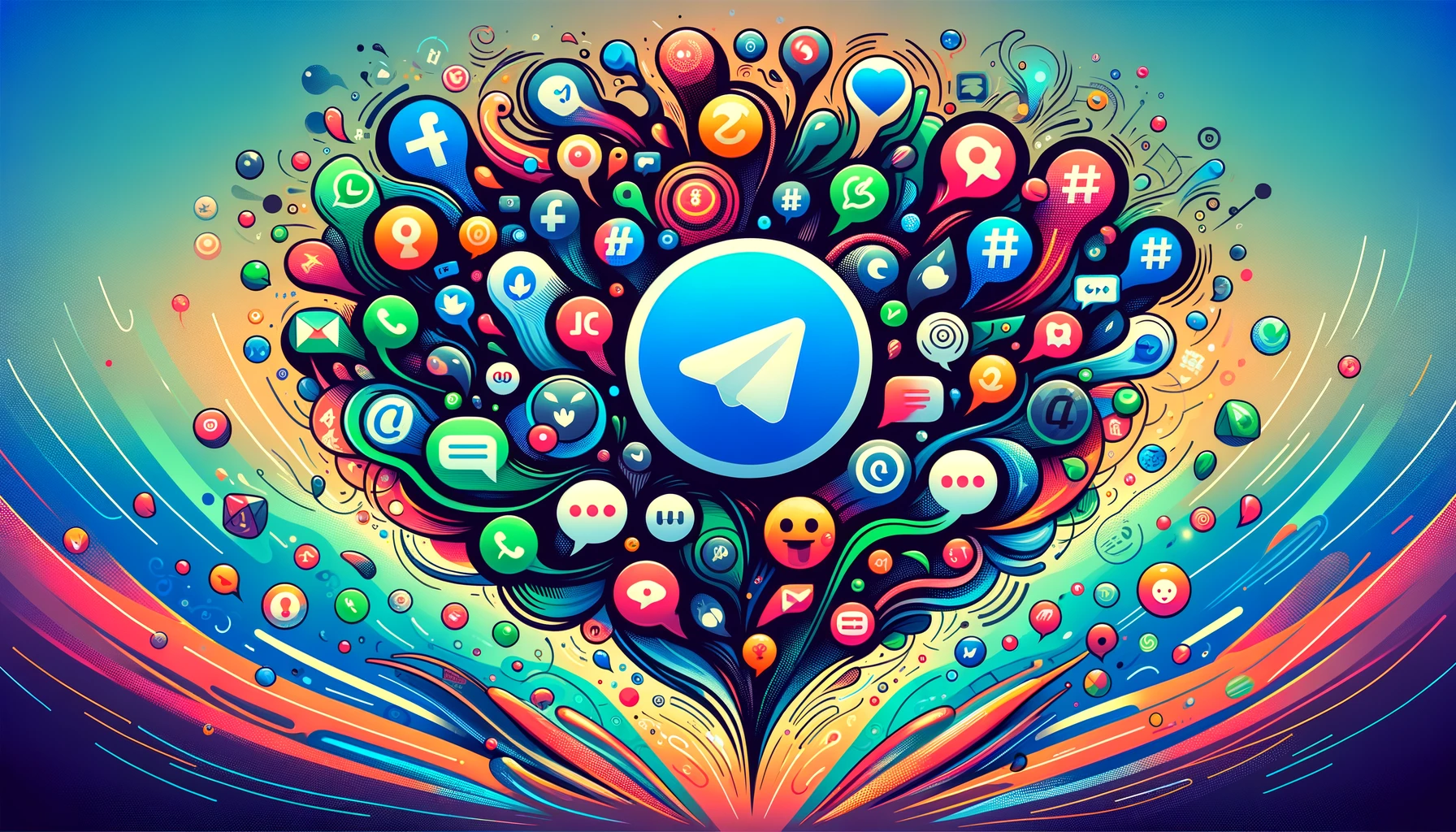 DALL·E 2024 02 16 14.03.17 Create a vibrant and colorful image representing Telegram channels. The image should be filled with a multitude of social media icons bubbles and di