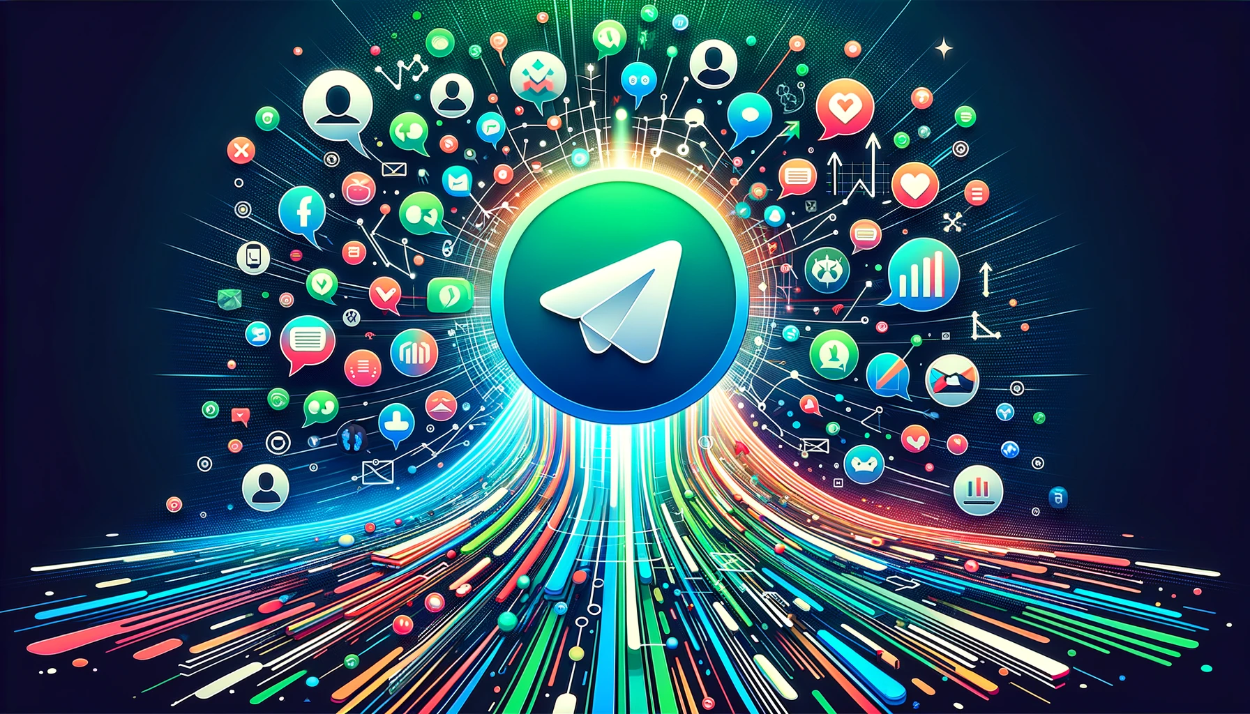 DALL·E 2024 02 16 15.12.10 Design a dynamic and colorful image that represents the growth of a Telegram community. The image should include the Telegram logo prominently at the 